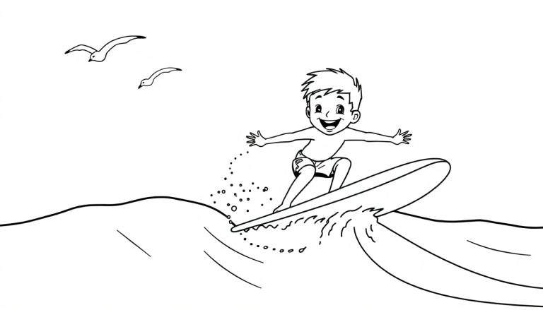 Una placa de color con un niño surfeando alegremente.