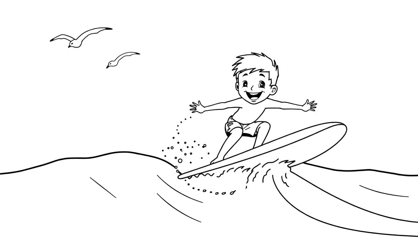 Una placa de color con un niño surfeando alegremente.