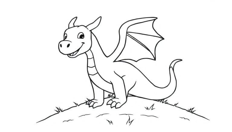 Placa de color de un dragón amigable con alas grandes.