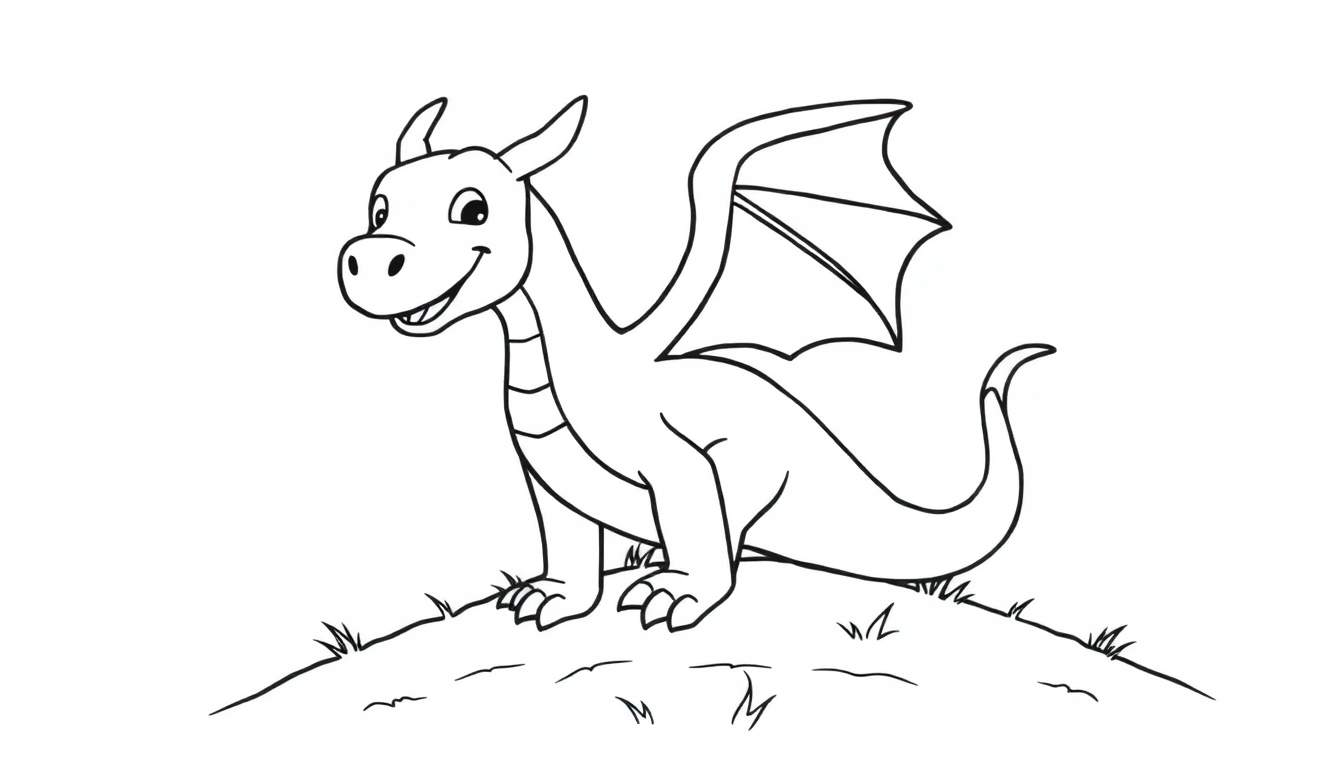 Placa de color de un dragón amigable con alas grandes.