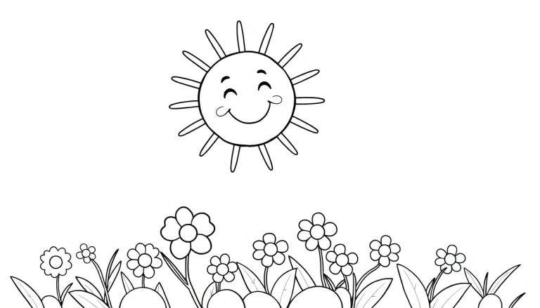 Placa de color: Un dibujo lineal de un rayo sonriente volando sobre un campo de flores.