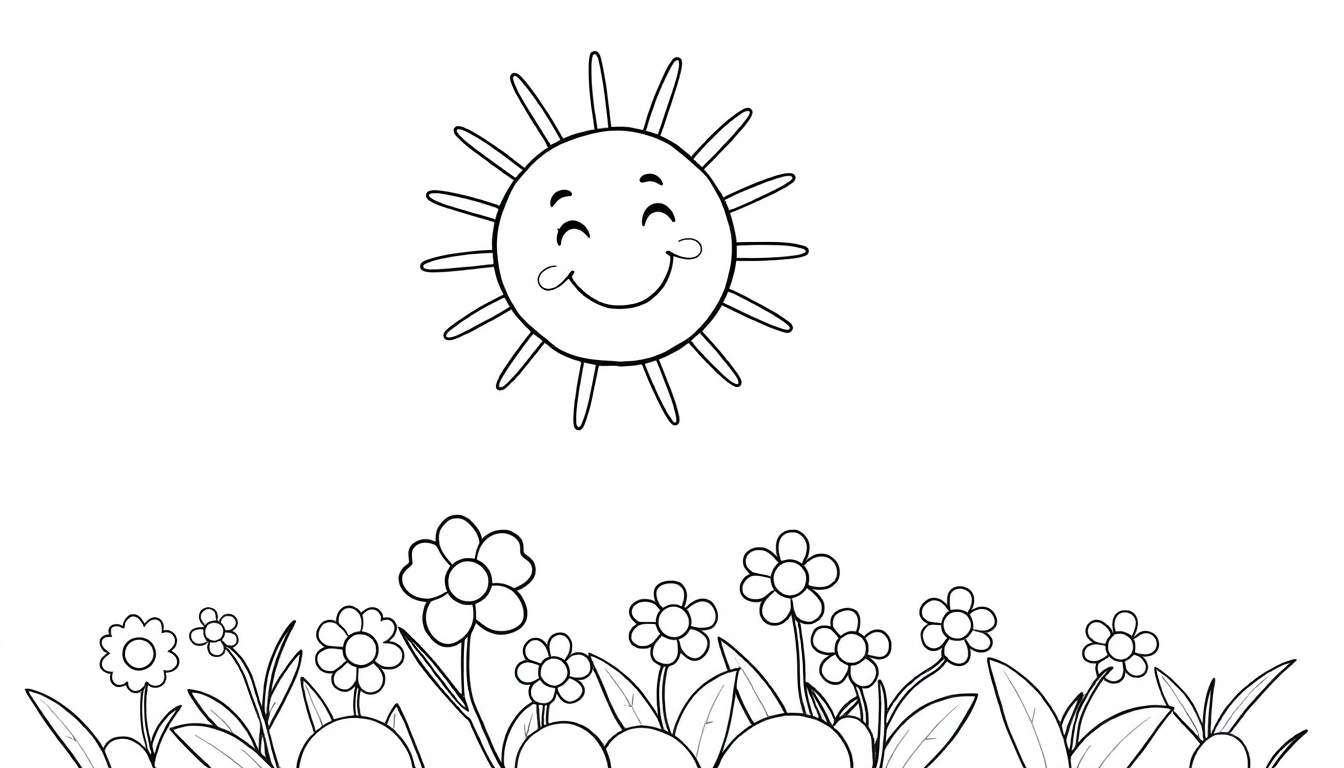 Placa de color: Un dibujo lineal de un rayo sonriente volando sobre un campo de flores.