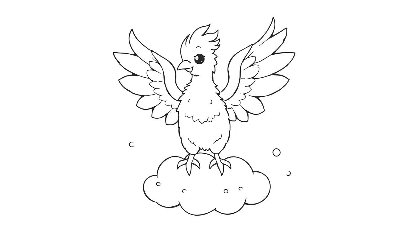Placa de color de un pájaro caricaturesco sobre una nube.