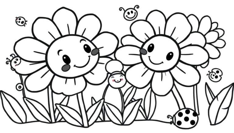 Placa de color de un jardín con flores sonrientes y mariquitas.