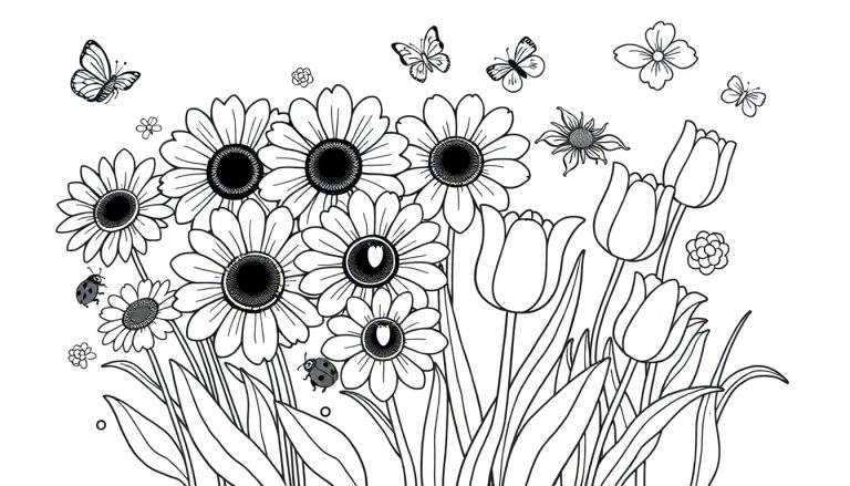 Placa de color con un ramo de flores y mariposas para colorear.