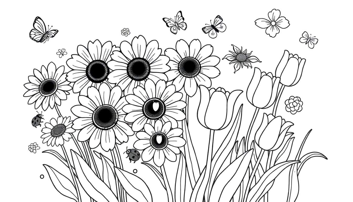 Placa de color con un ramo de flores y mariposas para colorear.