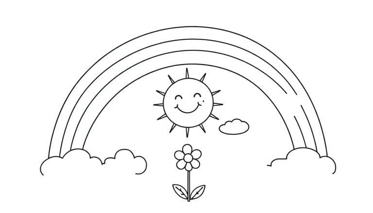 Placa de color de un arcoíris sonriente, sol y flor.