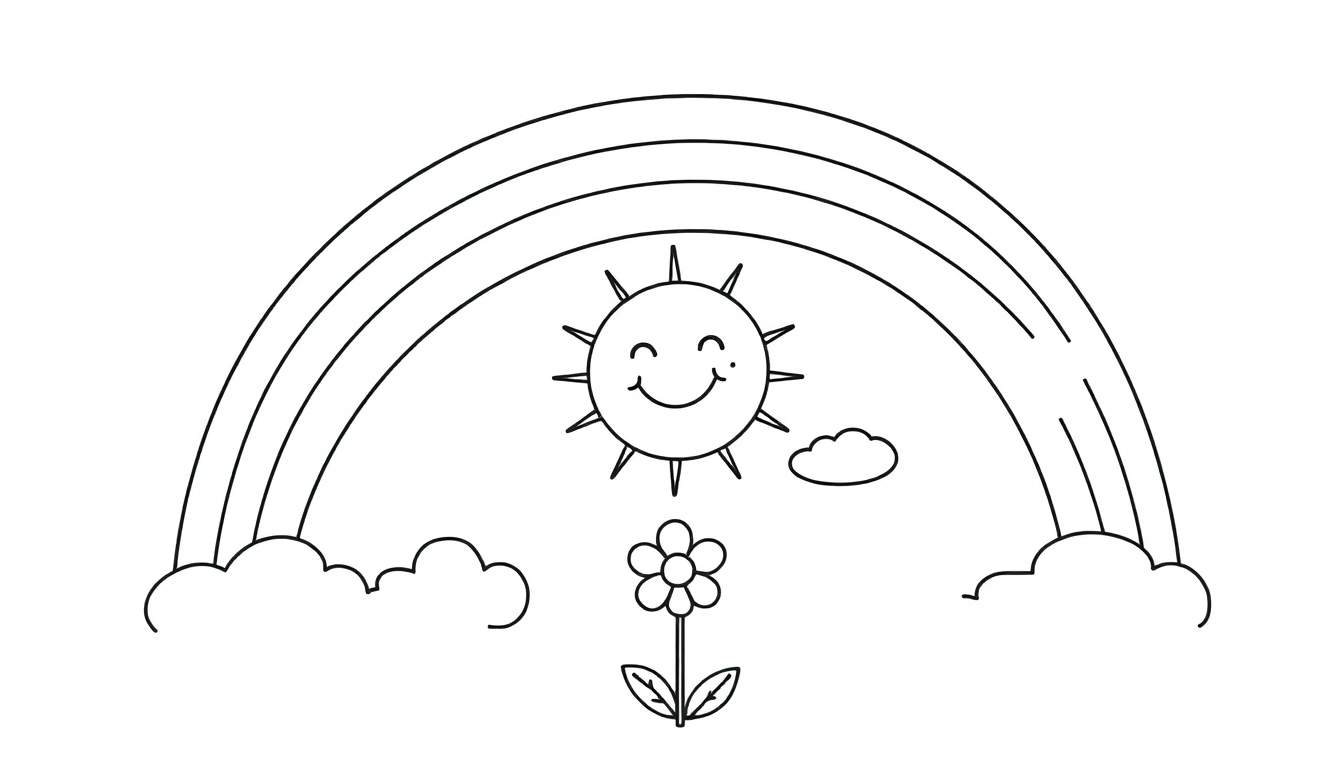Placa de color de un arcoíris sonriente, sol y flor.
