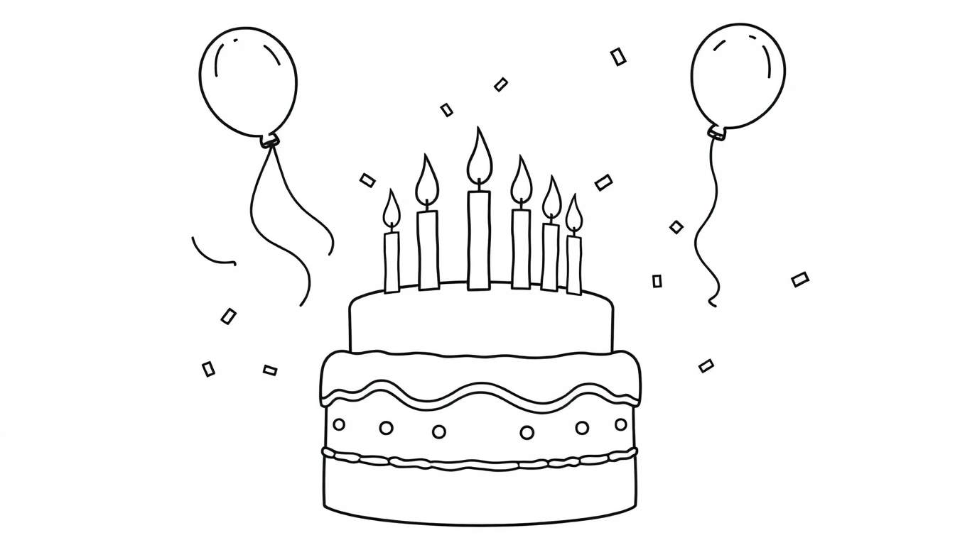 Placa de color de un pastel de cumpleaños de dos pisos con siete velas encendidas, confeti y globos.