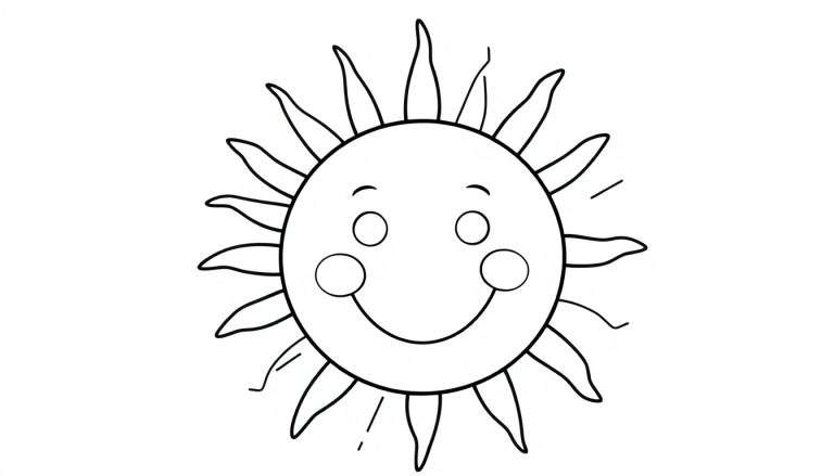 Placa de color de un sol sonriente y amigable, listo para ser coloreado, con rayos puntiagudos y ondulados.