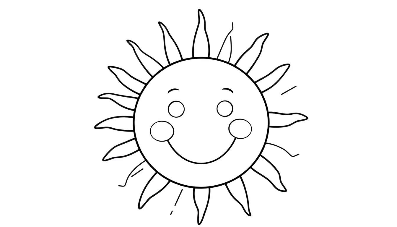Placa de color de un sol sonriente y amigable, listo para ser coloreado, con rayos puntiagudos y ondulados.
