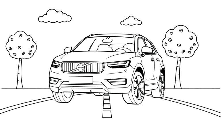 Un coche Volvo amigable para colorear, con líneas negras y blancas, listo para añadir color.