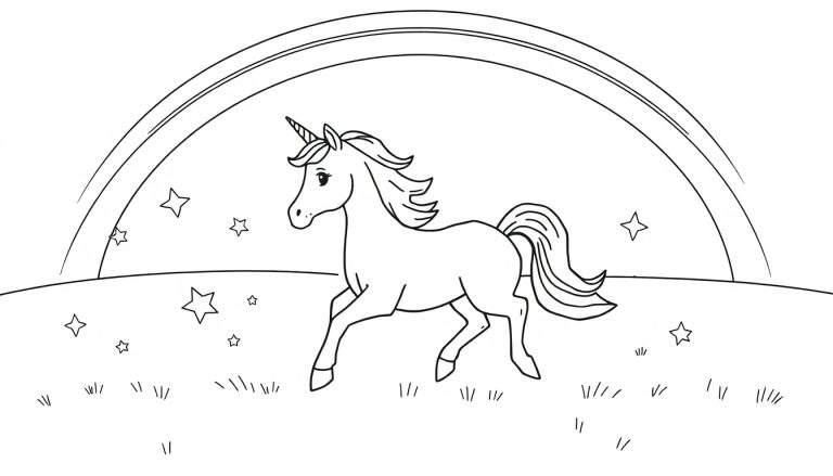 Placa de color de un unicornio mágico bajo un arcoíris.