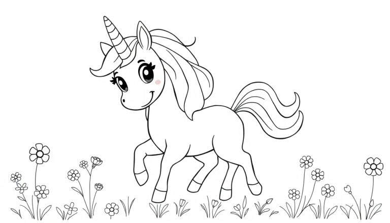 Placa de color con un unicornio sonriente para colorear.