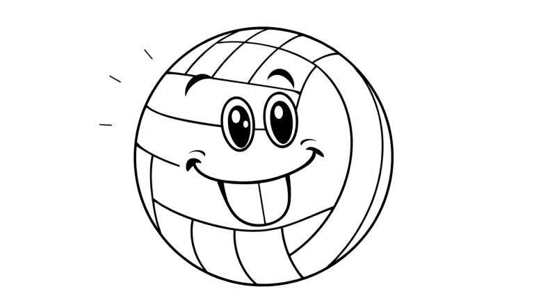 Placa de color de un balón de voleibol sonriente con líneas negras.