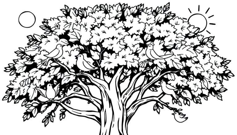 Placa de color de un árbol con pájaros.