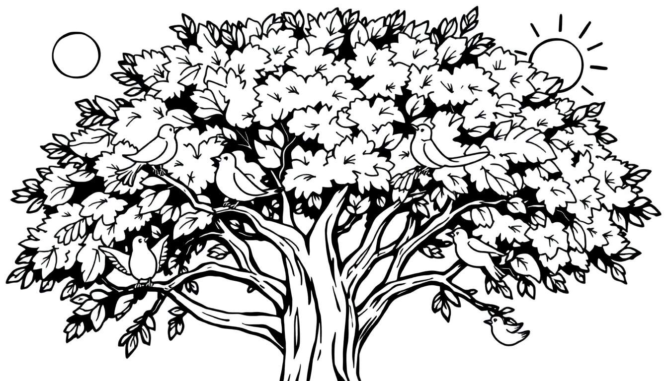 Placa de color de un árbol con pájaros.