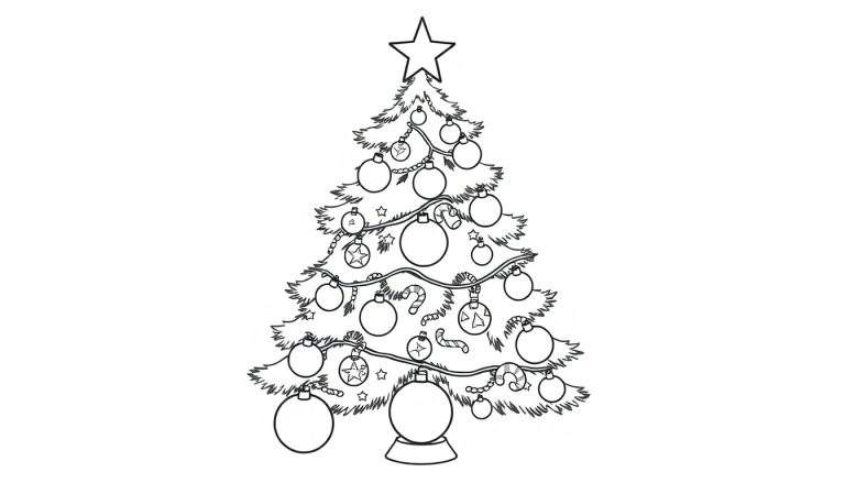 Una placa de color de un árbol de Navidad con un diseño de dibujo lineal, adornado con bolas, guirnaldas, estrellas y bastones de caramelo, listo para ser coloreado.