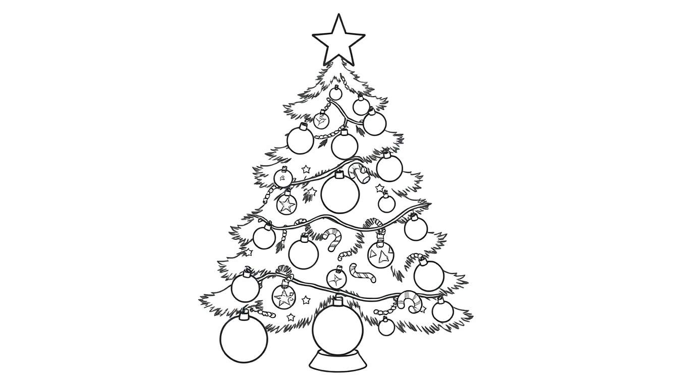 Una placa de color de un árbol de Navidad con un diseño de dibujo lineal, adornado con bolas, guirnaldas, estrellas y bastones de caramelo, listo para ser coloreado.