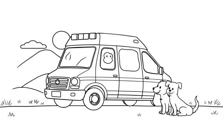 Ambulancia para colorear con un mono y perros, con una montaña y un sol al fondo.