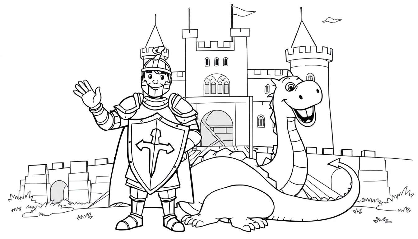 Página para colorear de un caballero saludando a un dragón sonriente frente a un castillo.