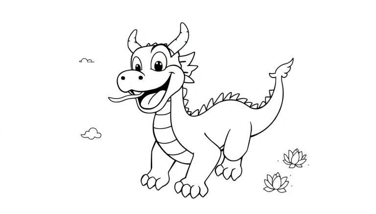 Placa de Mushu el dragón chino, feliz y amigable, listo para colorear.