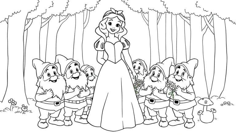 Blancanieves y los Siete Enanitos en el bosque, una placa para colorear en blanco y negro.