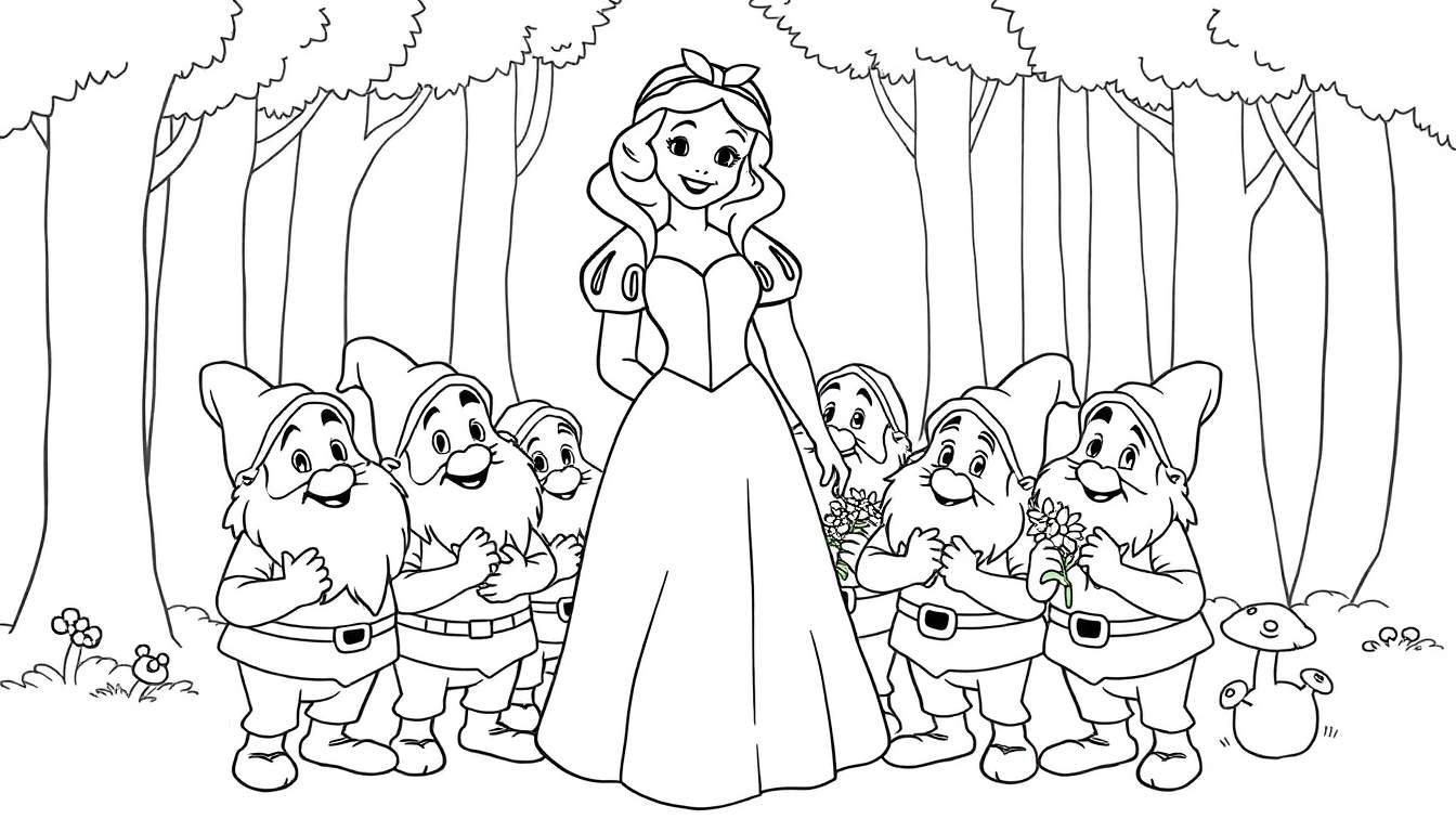 Blancanieves y los Siete Enanitos en el bosque, una placa para colorear en blanco y negro.