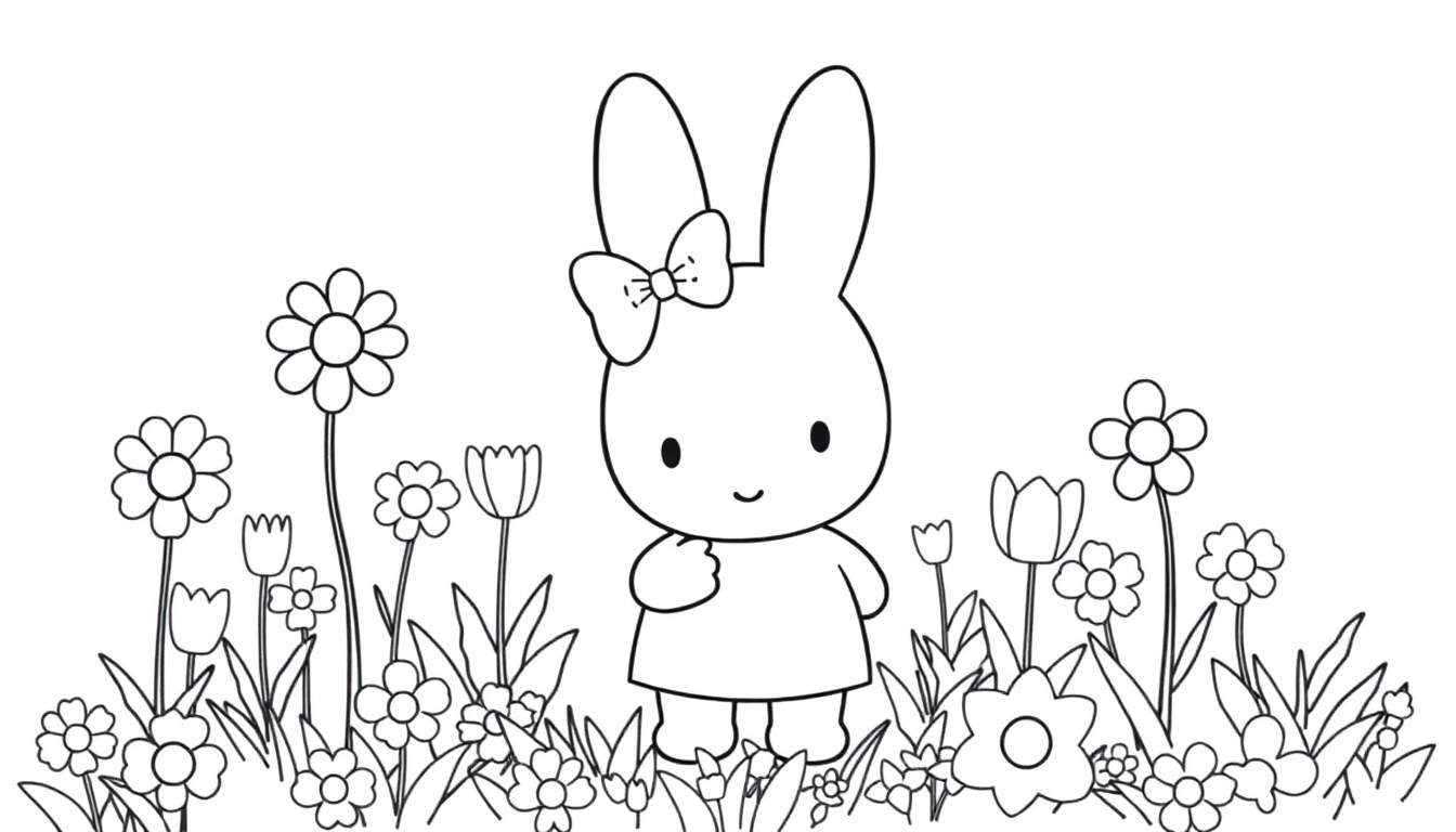 Placa de colorear de Miffy con un gran lazo rosa en la cabeza rodeada de flores.