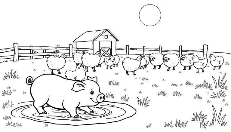 Placa de granja con animales felices para colorear.