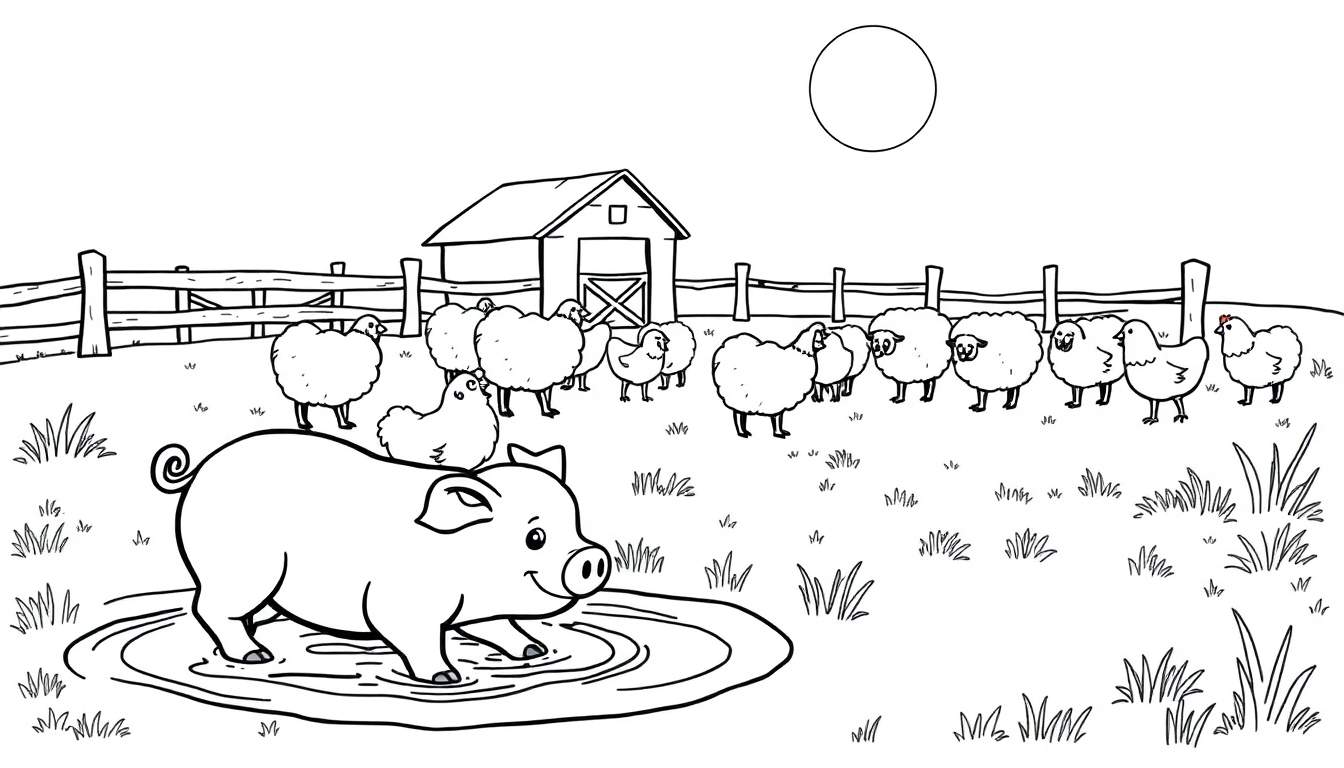 Placa de granja con animales felices para colorear.