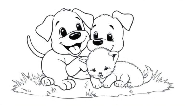 Placa para colorear: dos cachorros sonriendo y un gatito acostado en la hierba.