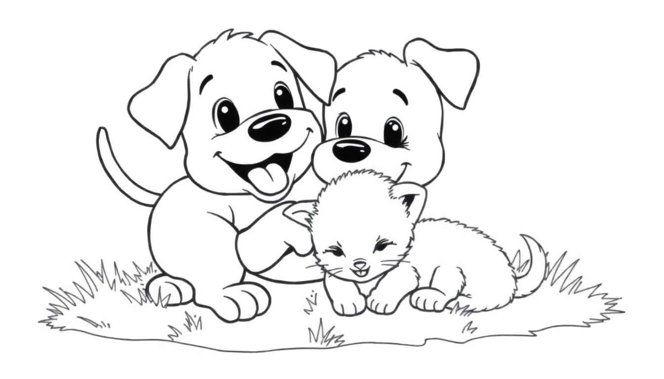 Placa para colorear: dos cachorros sonriendo y un gatito acostado en la hierba.