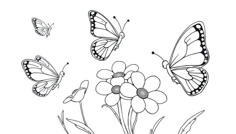 Una placa para colorear de mariposas y flores.