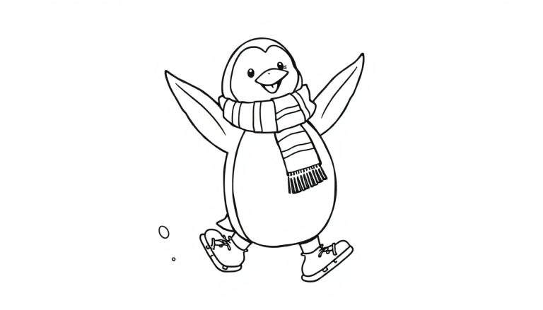 Dibujo lineal de un pingüino patinando con una bufanda, listo para colorear en la placa.