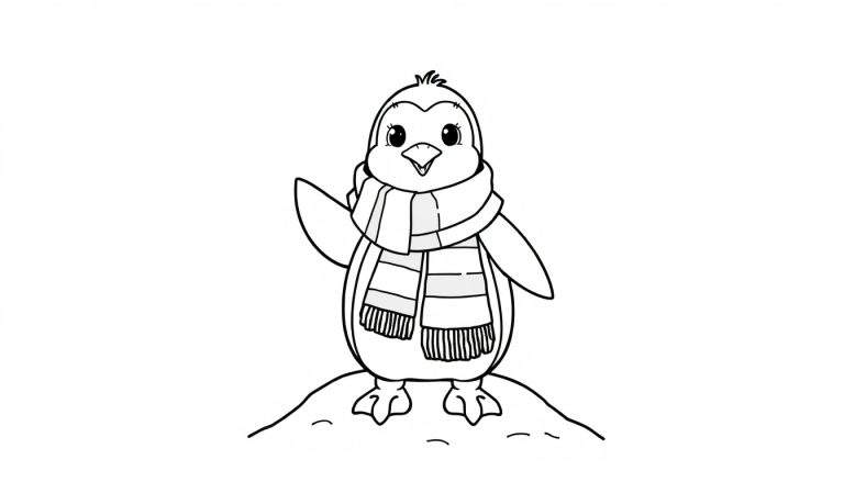 Pingüino adorable con bufanda listo para colorear en una placa.