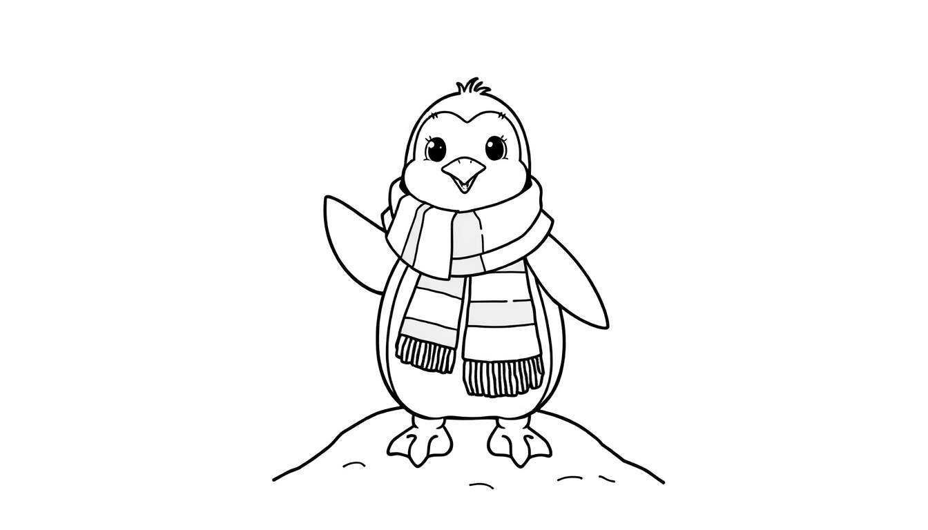 Pingüino adorable con bufanda listo para colorear en una placa.