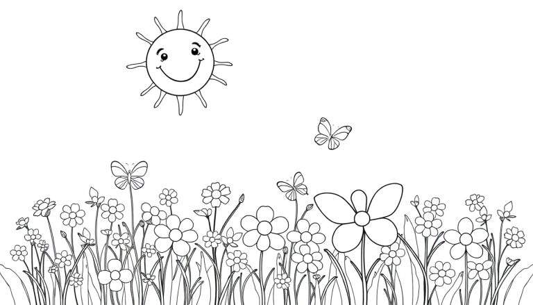 Placa para colorear de un paisaje primaveral con sol sonriente, mariposas y flores.