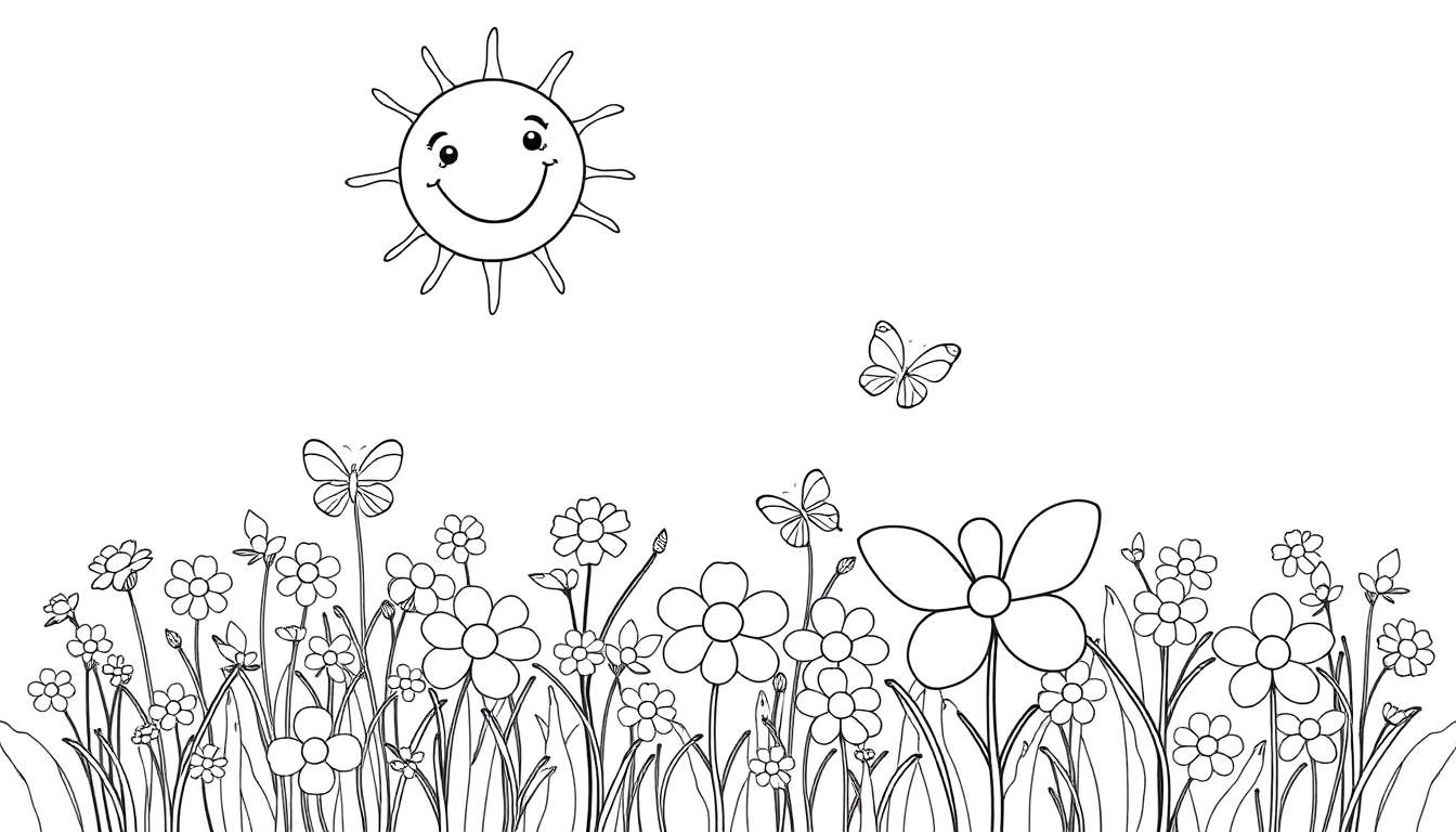 Placa para colorear de un paisaje primaveral con sol sonriente, mariposas y flores.