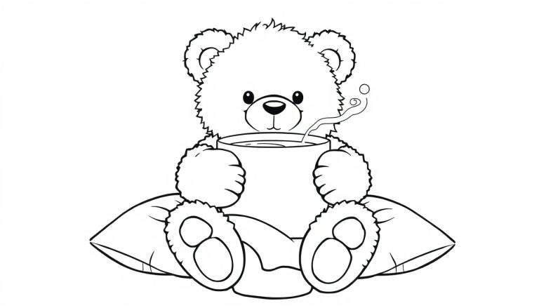 Placa de color: un oso de peluche sonriente con una taza de chocolate caliente humeante.