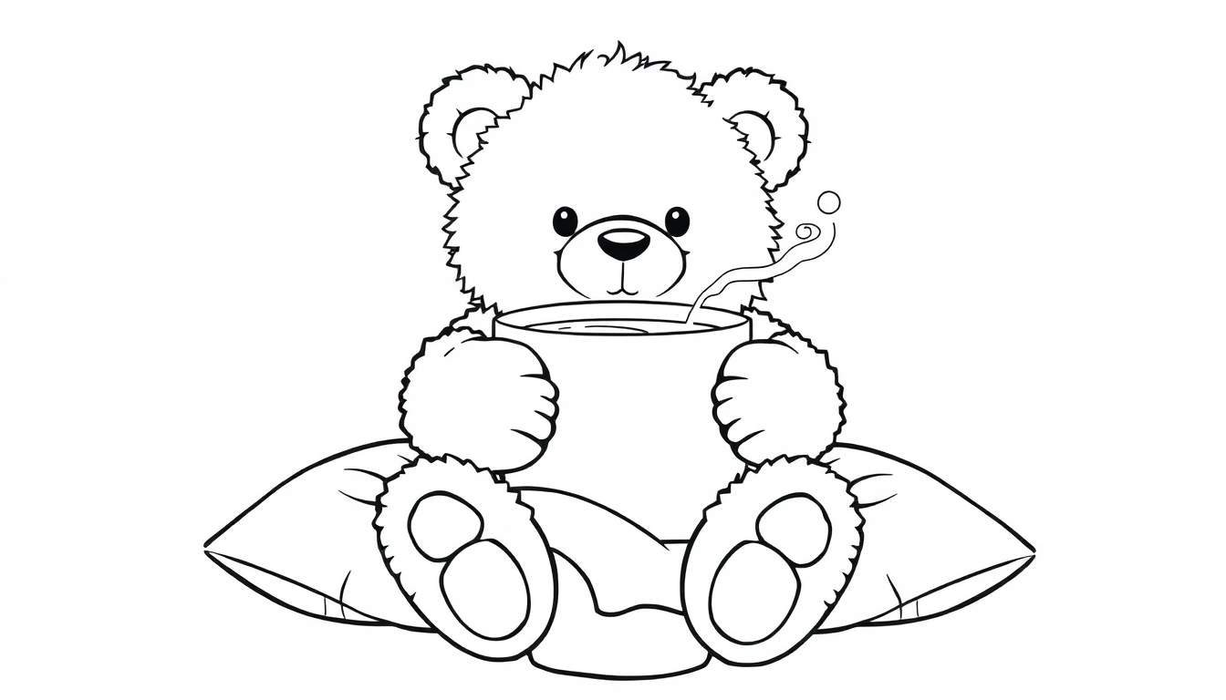 Placa de color: un oso de peluche sonriente con una taza de chocolate caliente humeante.