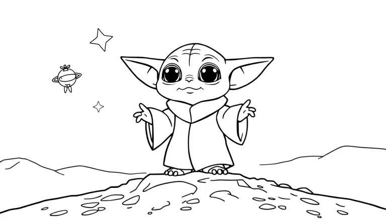 Placa de color de Baby Yoda listo para aventuras espaciales con ojos grandes.