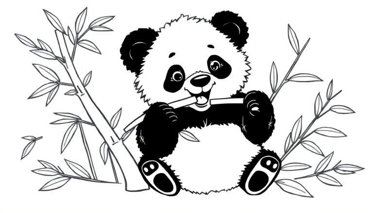 Placa de color de un lindo panda de dibujos animados comiendo bambú.