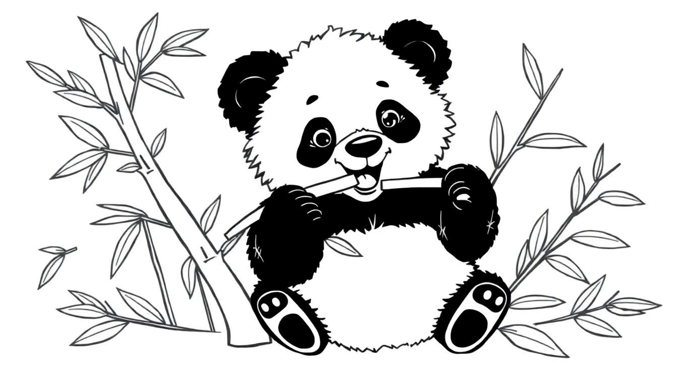 Placa de color de un lindo panda de dibujos animados comiendo bambú.