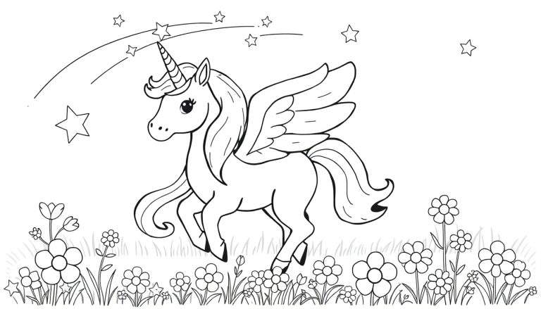 Placa de color para niños con un unicornio alado amigable en un campo de flores bajo un cielo estrellado.