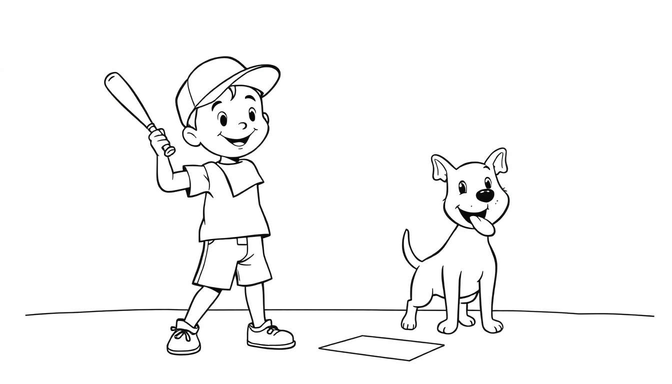 Una placa de color para colorear de un niño sonriendo con un bate de béisbol y un perro
