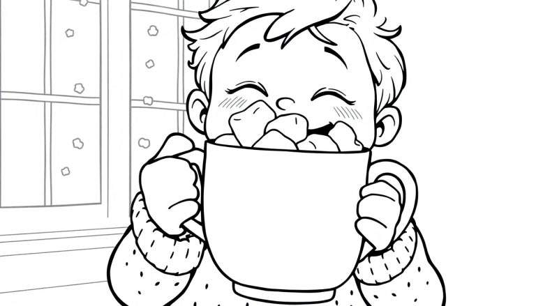 Placa de color de un niño feliz disfrutando de una taza de chocolate caliente con malvaviscos.