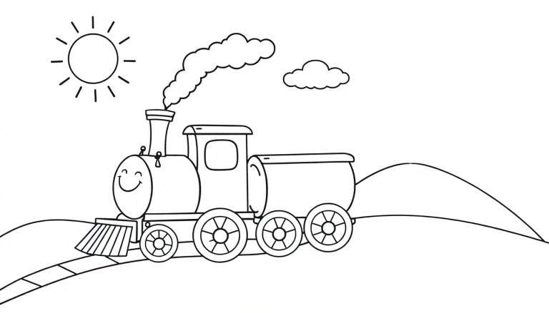 Un tren de vapor sonriente en blanco y negro sobre una placa de color de vía, listo para ser coloreado.