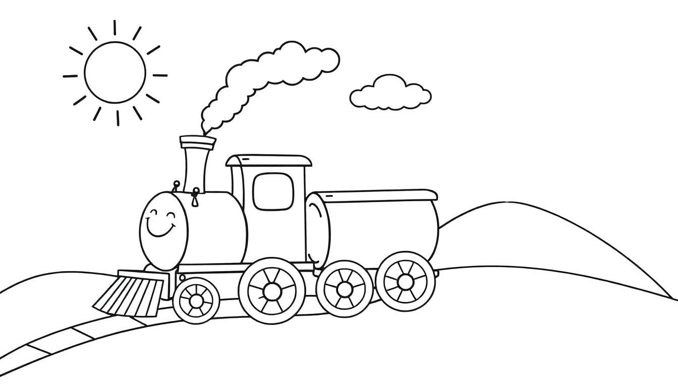 Un tren de vapor sonriente en blanco y negro sobre una placa de color de vía, listo para ser coloreado.
