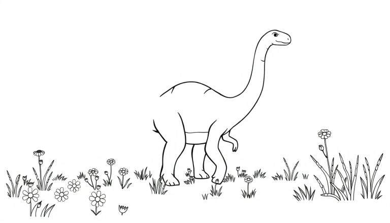 Placa de color de un Diplodocus amistoso en un prado.